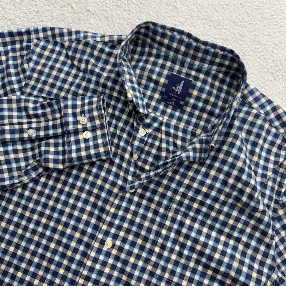 Johnnie-O Mens Large Navy Blue Yellow Gingham Check Button Down Shirt Stretch